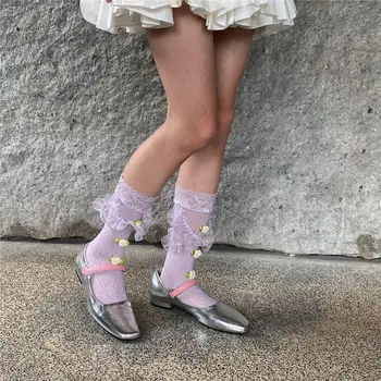 Moda Dantelă Ochiurilor Șosete de Culoare Pură Dulce Mid-Calf Socks Mare Întindere Confortabil pentru Femei Șosete Joc de Rol Costum Accesorii