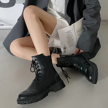 Retro Toamnă Iarnă Stil Britanic Negru Gros Cu Talpi Femei Cizme Dantela-Up Slăbire Gros Cizme Cu Toc Platforma Cizme Femei Pantofi