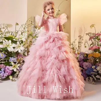 Jill Doresc Elegant Fard de obraz Fata Rochie de Paiete, Pene Dubai Printesa Rochie pentru Copii de Nunta Comuniune Partid Quinceanera 2024 J168