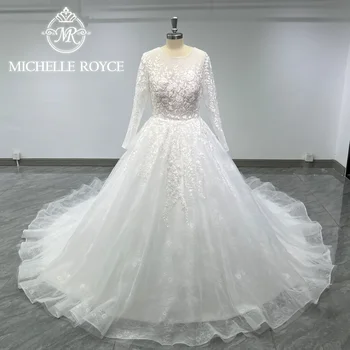 Michelle Royce-O Linie Lungă Maneca Rochie de Mireasa 2024 SCOOP ștrasuri din Mărgele Aplicatii Fermoar Poze Reale Rochie de Mireasa Vestidos De Novia