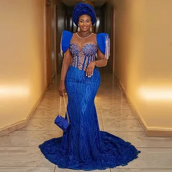 Elegant Albastru Regal Din Africa De Dantelă Rochii De Mireasa Plus Dimensiune Margele Ciucuri Aso Ebi Stil Vestimentar Oficial Nigerian Nunta Rochie De Petrecere